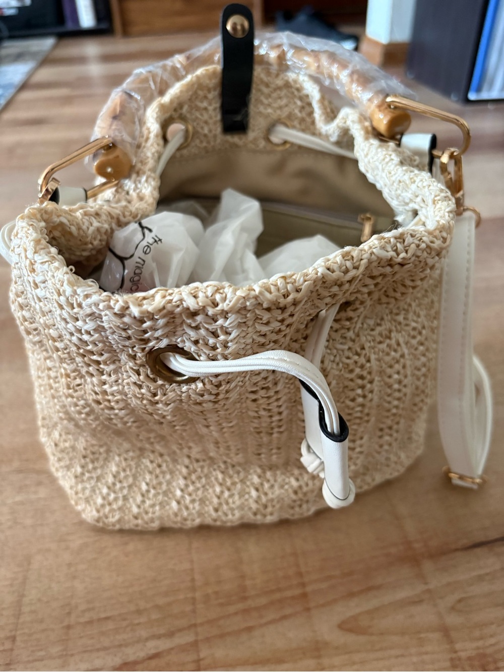 New bucket bag tan woven bucket style bag. Boho beach coastal